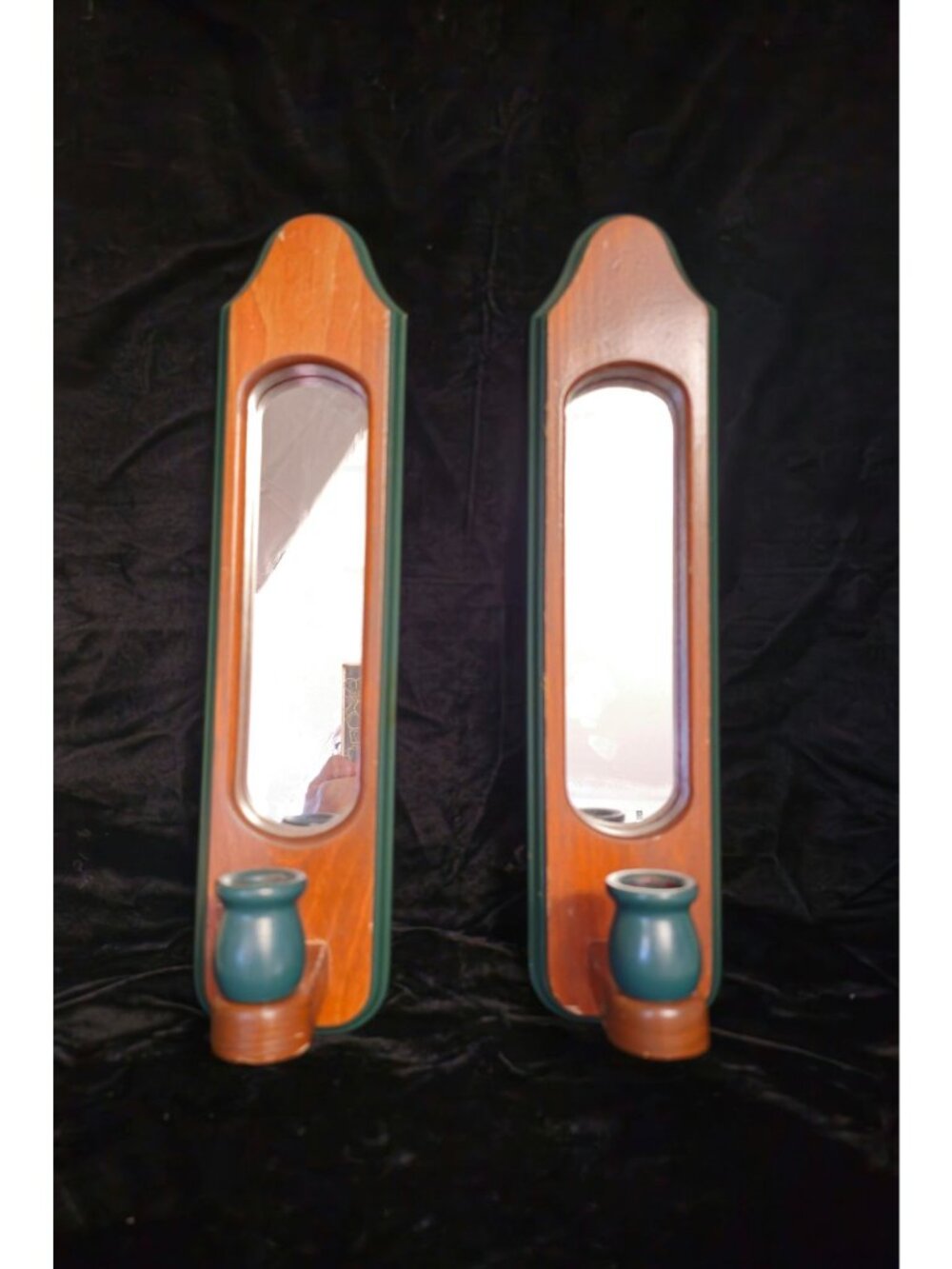 Vintage Wooden Wall Scones With Mirrors & Candle Holders Rustic Brown & Green 15